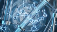 Abstract molecular structure with connected spheres floating in blue scientific laboratory glassware environment for chemistry research and biotechnology applications.