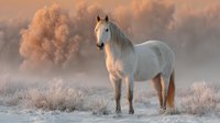Majestic white horse standing in frosty winter meadow at dawn, surrounded by morning mist and golden sunlight illuminating the frost-covered landscape.