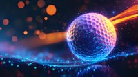 Glowing golf ball with neon light trails and bokeh effects on dark background, futuristic sports concept with motion blur and dynamic lighting.