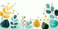 Watercolor botanical border with yellow and teal leaves, delicate branches, and scattered dots on white background. Perfect for seasonal designs.