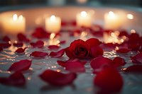 Red rose and scattered petals floating on water surface with glowing candles creating romantic atmosphere. Soft focus bokeh adds dreamy effect.