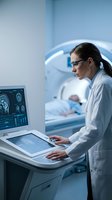 Female radiologist analyzing brain scans on computer monitor in modern MRI scanning room with patient in background for medical diagnosis and healthcare.