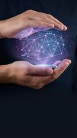 Male hands holding glowing digital network with interconnected nodes and data visualization. Represents technology innovation, artificial intelligence, cloud computing, and digital transformation for business solutions.