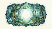 Enchanted forest frame with glowing magical trees, fairy lights, and lush greenery in watercolor style, isolated on white background.