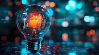 Glowing light bulb with financial chart reflection against blurred bokeh background in cyan and orange colors, symbolizing market analysis and trading.