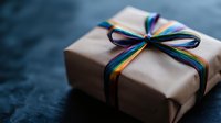 Kraft paper wrapped gift box with vibrant rainbow ribbon bow on dark textured background, celebrating diversity and inclusivity. Perfect for special occasions.