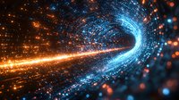 Futuristic digital tunnel with glowing orange and blue light streams creating dynamic motion effect through space, abstract technology background.