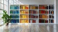 Colorful rainbow bookshelf arrangement in modern bright interior with wooden floor and potted plant by window. White built-in shelving displays books sorted by color.