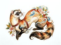 Decorative raccoon with ornamental swirls, floral elements, and warm earth tones on isolated white background. Suitable for tattoo design, apparel printing, and graphic applications.