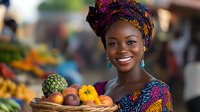 Young African woman in colorful traditional headwrap and dress holding fresh tropical fruits at vibrant outdoor market, smiling warmly at camera.