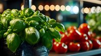 Fresh basil leaves with vibrant green foliage displayed alongside ripe red tomatoes, ideal for culinary, food styling, and recipe content.