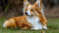 Adorable Pembroke Welsh Corgi dog with red and white fur lying on green grass, displaying alert expression and distinctive pointed ears. Perfect for pet care content.