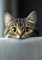 Curious tabby cat with bright yellow eyes peeking over gray textured surface, showing only top half of face in playful, hiding position. Perfect for pet care content.