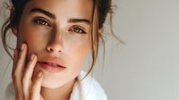 Young Caucasian woman with natural makeup and messy updo hairstyle touching face gently against light background, showing pure glowing skin and tender expression.