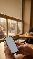 Senior hands holding smartphone with blank screen in warm coffee shop setting for digital communication and technology concepts.