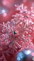 Sparkling pink snowflake ornament with glitter detail against blurred festive background featuring soft bokeh lights in rose and blue tones creates magical winter mood.