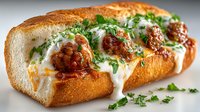 Meatball sub sandwich with melted cheese and fresh herbs on toasted bread, showcasing savory Italian flavors in a classic comfort food.