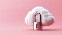 Metal padlock with white fluffy cloud on pink background represents cloud computing security and data protection concept for digital storage solutions.