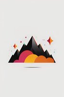 Stylized mountain landscape with black peaks against colorful gradient clouds and sparkling stars, minimalist design on light background. For logo and brand design.
