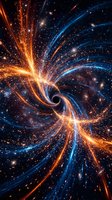 Cosmic spiral galaxy with swirling orange and blue energy streams radiating from central black hole creating dynamic space vortex with glowing particles and stars.