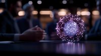 Glowing purple digital sphere with network connections on modern desk in blurred office environment for technology and innovation concepts.