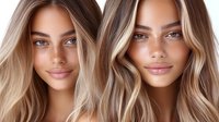 Young women with glowing skin and trendy balayage blonde hair styled in loose waves showcase modern beauty and natural makeup looks for cosmetic and salon advertising.