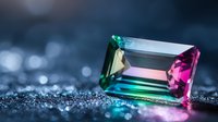 Multicolored emerald cut gemstone with green and pink hues on dark glittering background with bokeh lights creates luxurious jewelry composition.