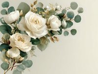 Elegant white roses and eucalyptus leaves arrangement on beige background, perfect for wedding invitations and romantic designs.