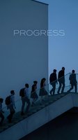 Business professionals climbing stairs with progress text overlay symbolizing career advancement and teamwork in corporate environment.