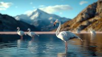 Graceful flamingos wading in tranquil mountain lake at sunset, snow-capped peaks reflecting in calm blue water, creating serene natural landscape.