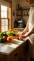 Young Caucasian man preparing fresh vegetables in warm sunlit rustic kitchen with wooden countertops and natural morning light streaming through window.