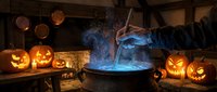 Witch casting magical spell over glowing cauldron surrounded by carved jack-o-lanterns, hanging copper pots, and mystical blue light in rustic wooden cottage setting for Halloween themes.