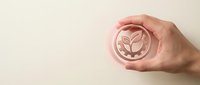 Caucasian hand holding circular pink seal stamp with leaf emblem symbol on neutral background for branding and certification concepts.
