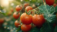 Fresh ripe cherry tomatoes with water drops on vine, green leaves in garden. Natural morning light creates bokeh effect in background.