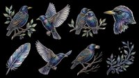 Starling birds in flight and perched poses with feather and foliage elements, isolated on transparent background. Ready for t-shirt design, clipart, stickers, sublimation, and print-on-demand projects.