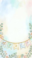 Pastel watercolor baby shower background with eucalyptus garland, bunting banner, and blocks. Isolated design on white space, ready for invitations, cards, and nursery decor.