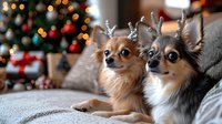 Two adorable Chihuahua dogs wearing silver reindeer antler headbands relaxing on couch with Christmas tree and holiday decorations in soft bokeh background.