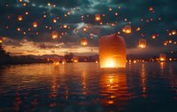 Glowing sky lanterns floating over calm water at sunset, creating magical reflections against dramatic cloudy sky with orange and blue colors.
