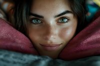 Close up portrait of young woman with striking green eyes and freckles wrapped in burgundy blanket, looking directly at camera with natural makeup and gentle smile.