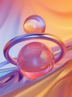 Abstract composition with transparent glass spheres on curved surface reflecting vibrant gradient colors of purple, orange and pink in modern minimalist style.