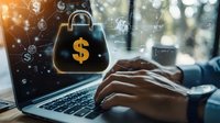 Digital security lock with dollar symbol on laptop screen while person typing, representing online banking and financial technology protection.