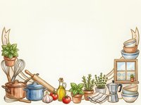 Watercolor kitchen border with cookware, herbs, vegetables and utensils on white background, isolated for design use.