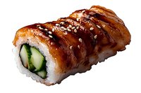 Fresh sushi roll with grilled eel, cucumber, rice, topped with sweet unagi sauce and sesame seeds on white background, isolated food photography.