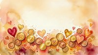 Watercolor hearts and golden coins scattered on warm textured background for romantic finance concepts and Valentine's Day designs.