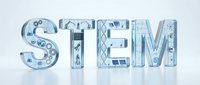 STEM education concept with transparent letters filled with scientific symbols, formulas and technology icons on clean white background.
