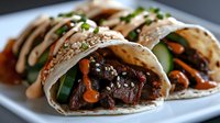 Soft flour tortillas filled with seasoned beef, fresh vegetables and herbs on white plate. Mexican cuisine tacos with meat filling and colorful garnish for restaurant menu.
