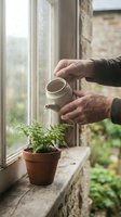 Senior man watering potted fern plant on windowsill indoors. Gardening hobby, plant care, home gardening, indoor plants, leisure activity.