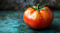 Fresh ripe tomato with water drops and green stem on dark turquoise background, macro food photography showing natural texture and juiciness.