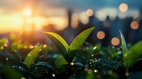 Young green plant sprouts with water drops growing in morning sunlight against blurred urban bokeh background, representing growth, hope and new beginnings.