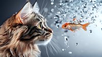 Curious tabby cat watching goldfish swimming through water bubbles against gray background, dramatic lighting creates magical underwater atmosphere.